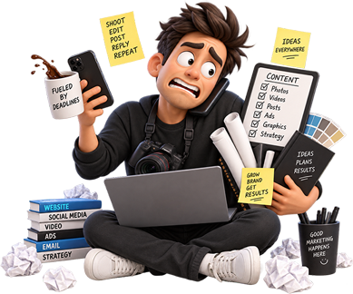 Illustration of a business owner juggling marketing tasks