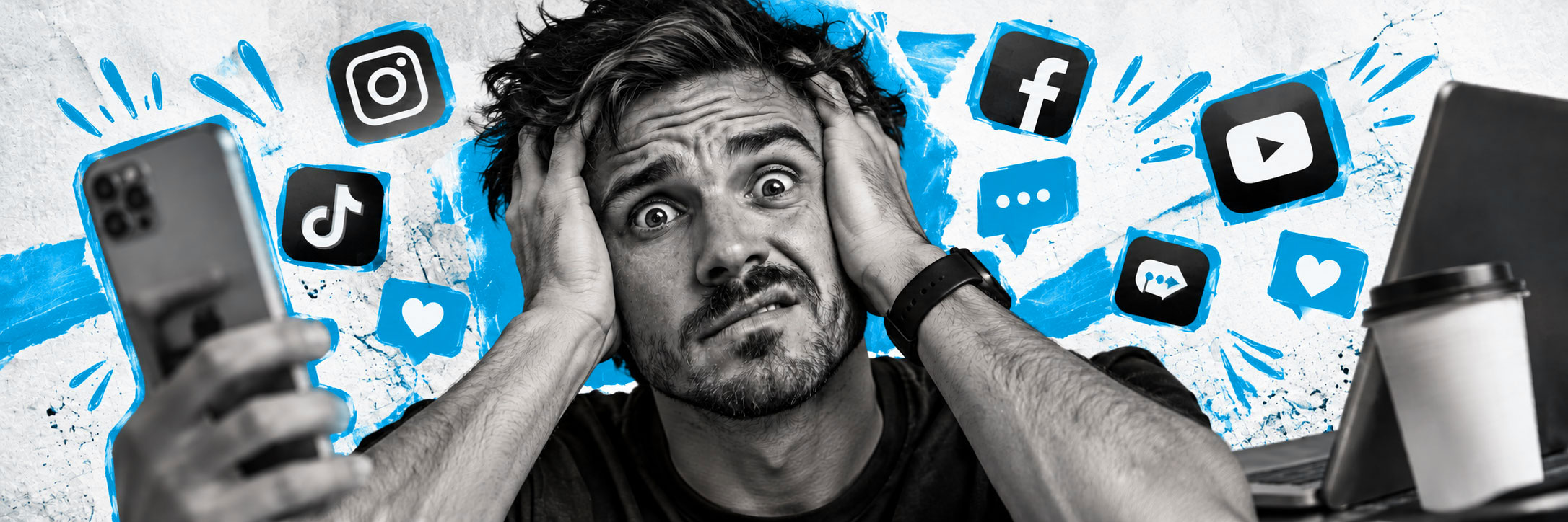 Overwhelmed business owner surrounded by social media distractions